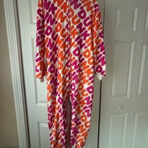 Unisex Dunkin Donuts brand onesie pajamas. Open feet and has a hoodie .